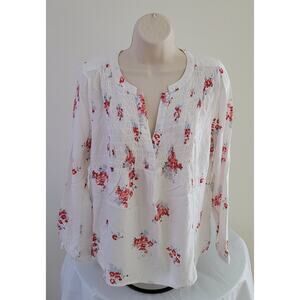 LUCKY BRAND White w/Red floral print, V-neck, Smocked, Semi-sheer Top/Blouse -M